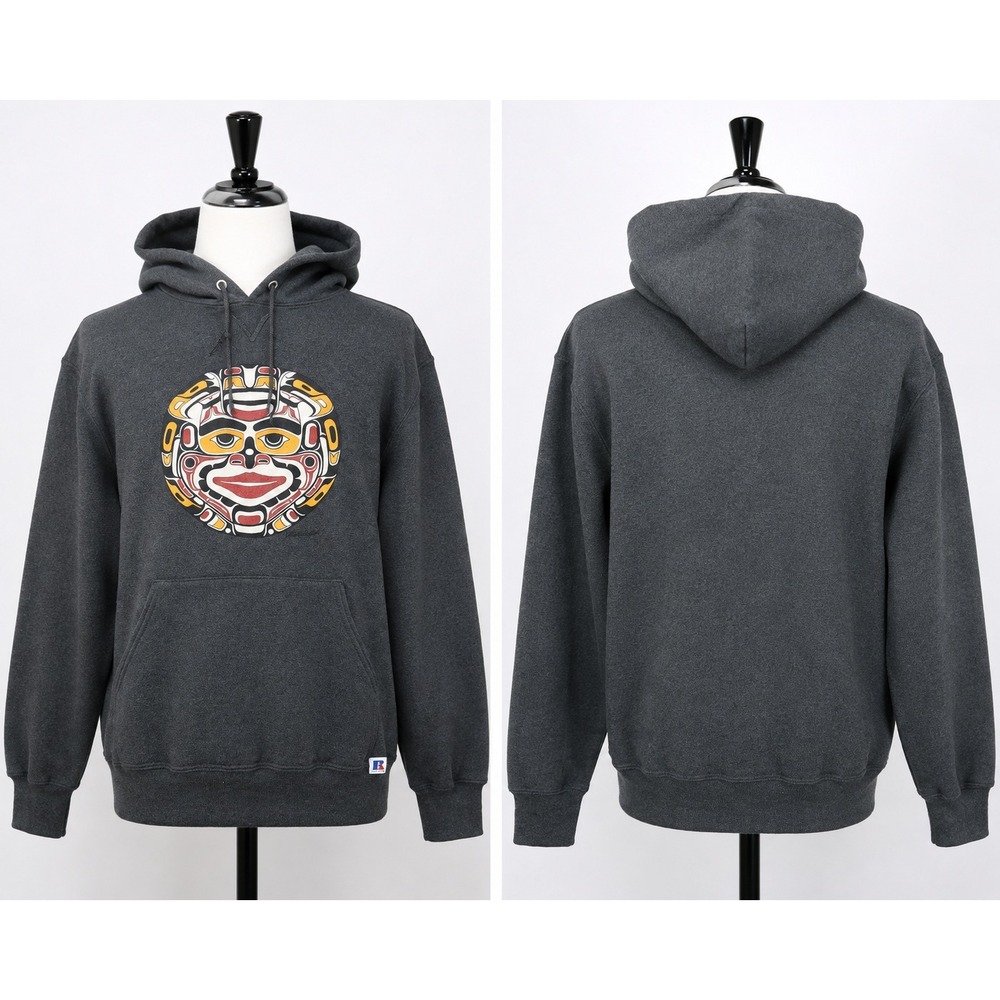 Vintage‎ Y2K Russell Athletic Hoodie Mens L Gray Sun Face Graphic Sweatshirt